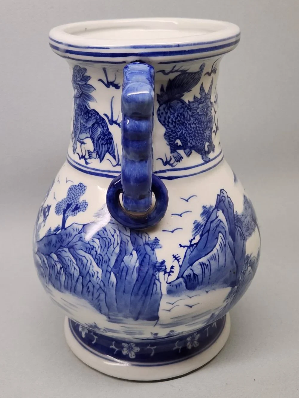 Chinese Blue and White Two Handled Vase / Hand Painted / 9 Inches Tall